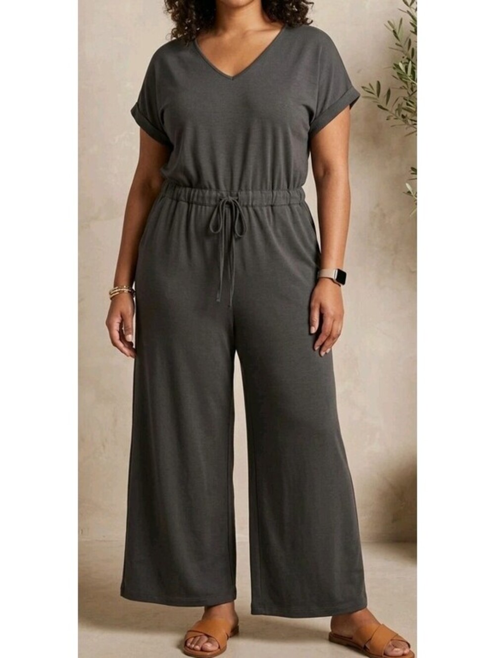 Womens Jumpsuit XL Dark Gray Wide Leg V-Neck Short Sleeve Drawstring Elastic Wai